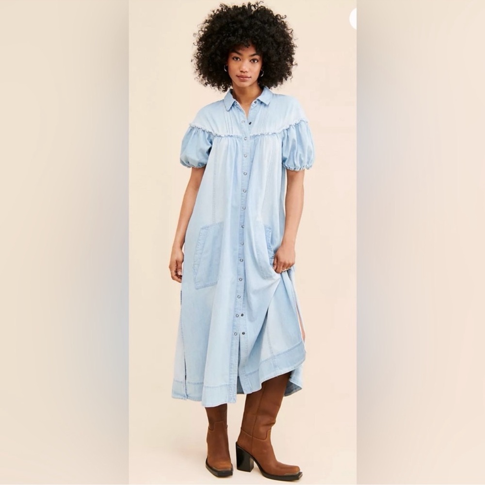 Free People Tiered Light Blue Puff-Sleeve Button-Front Maxi Dress Oversized
